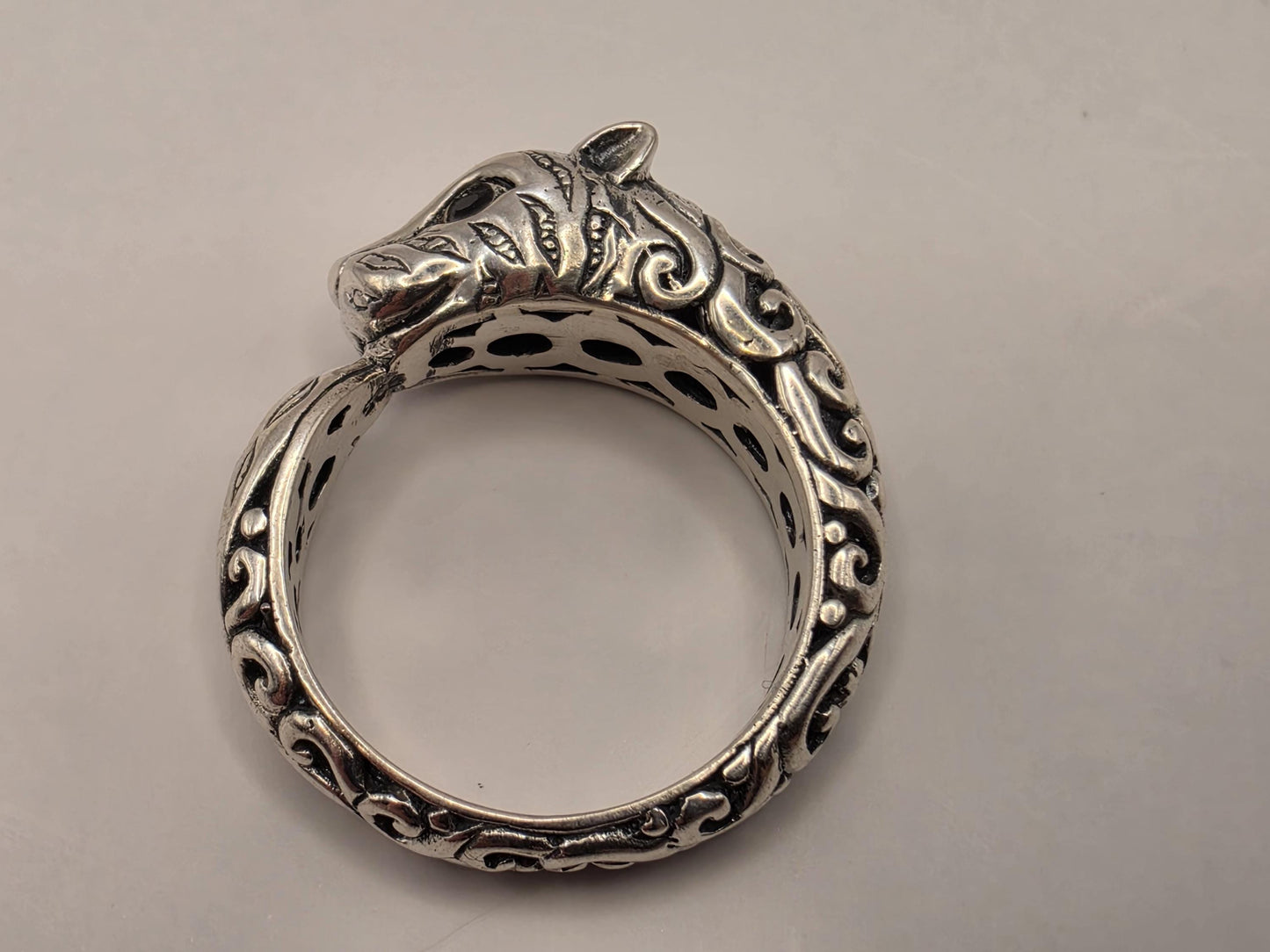 Sterling Silver Jaguar Ouroboros Ring Size 7 Ornate Big Cat Biting Tail Circle Band 5 Grams Oxidized Mythology Statement Ring