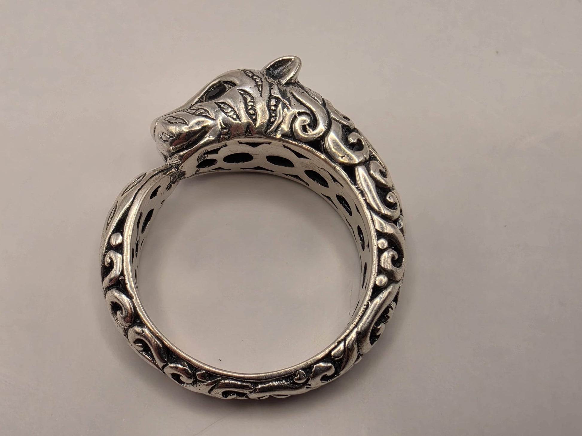 Sterling Silver Jaguar Ouroboros Ring Size 7 Ornate Big Cat Biting Tail Circle Band 5 Grams Oxidized Mythology Statement Ring