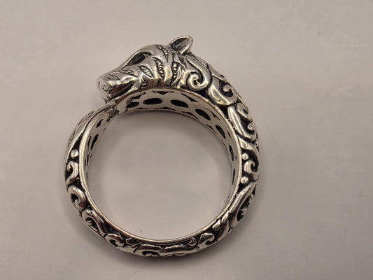Sterling Silver Jaguar Ouroboros Ring Size 7 Ornate Big Cat Biting Tail Circle Band 5 Grams Oxidized Mythology Statement Ring