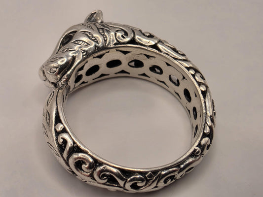 Sterling Silver Jaguar Ouroboros Ring Size 7 Ornate Big Cat Biting Tail Circle Band 5 Grams Oxidized Mythology Statement Ring
