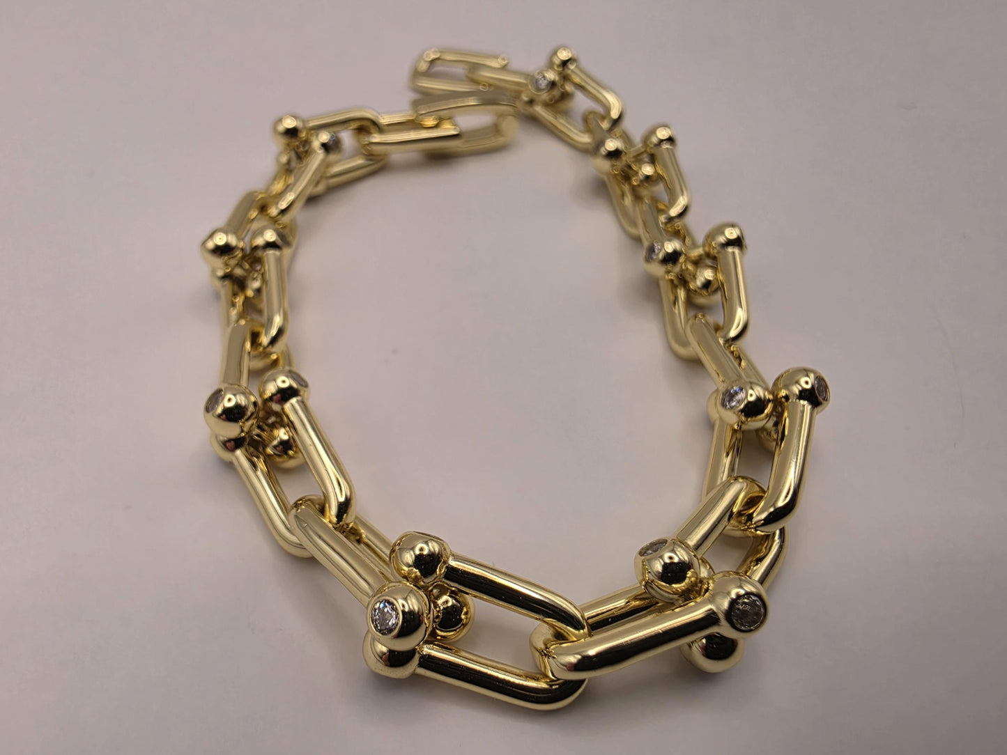 Gold Plated Silver Ball Link Bracelet CZ Accent Paperclip Chain 7 Inch 21 Grams Chunky Hardware Statement Gift for Her