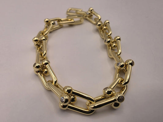 Gold Plated Silver Ball Link Bracelet CZ Accent Paperclip Chain 7 Inch 21 Grams Chunky Hardware Statement Gift for Her