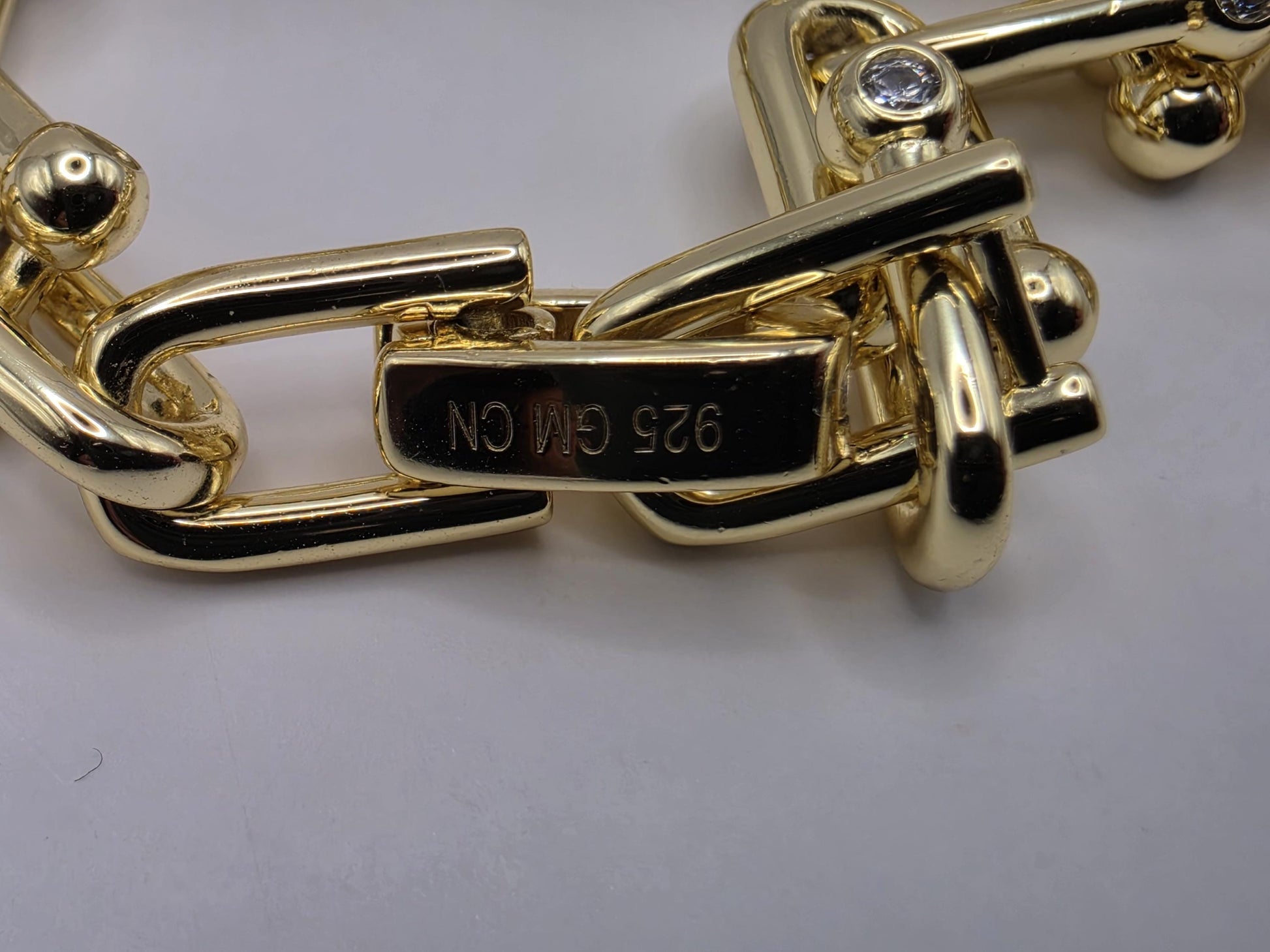 Gold Plated Silver Ball Link Bracelet CZ Accent Paperclip Chain 7 Inch 21 Grams Chunky Hardware Statement Gift for Her