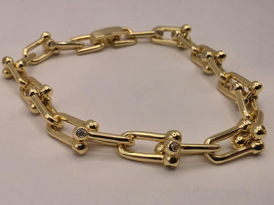 Gold Plated Silver Ball Link Bracelet CZ Accent Paperclip Chain 8 Inch 20 Grams Chunky Unisex Statement Gift
