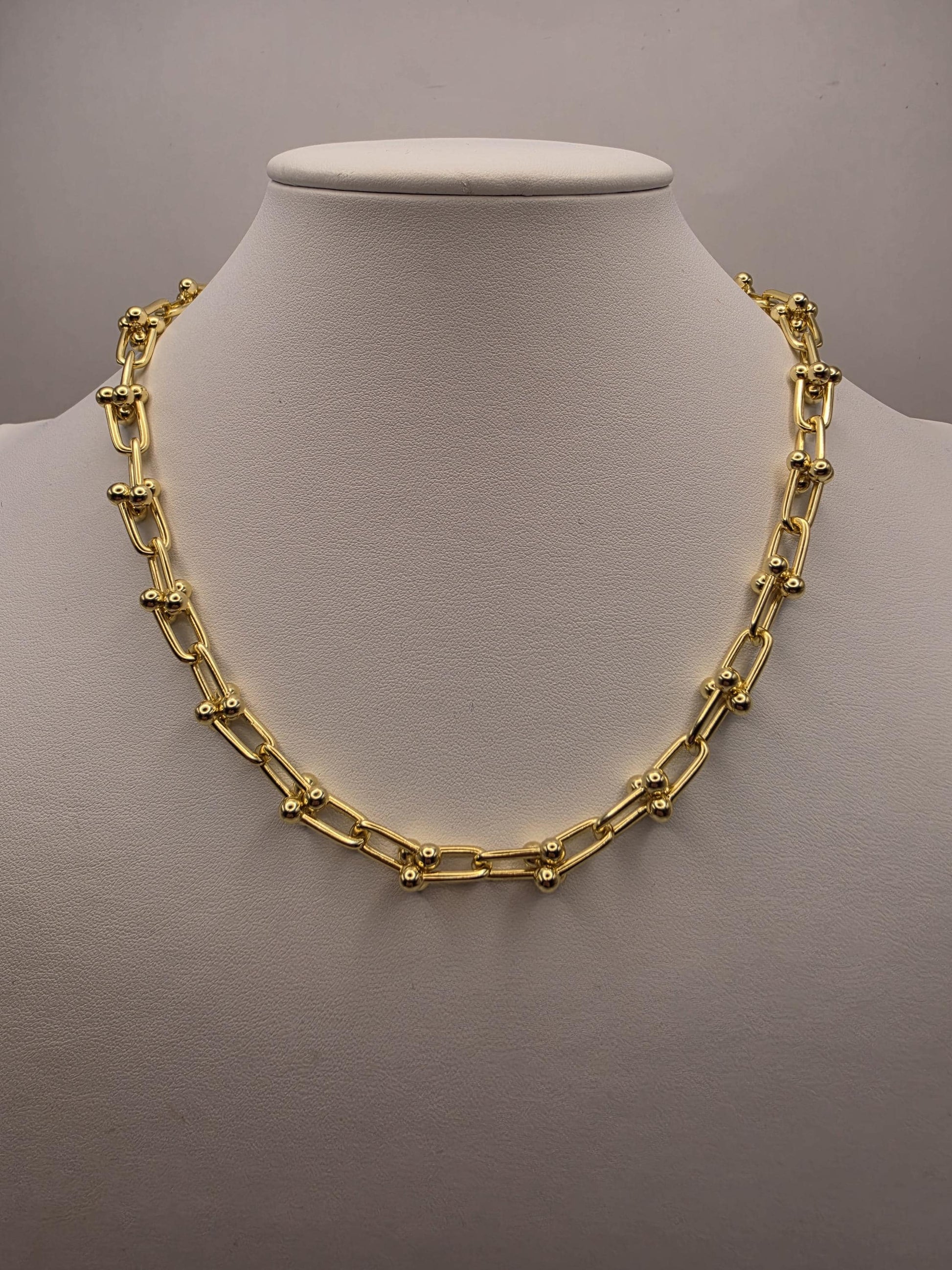 Gold Plated Silver Ball Link Necklace Paperclip Chain 18 Inch 61 Grams Chunky Unisex Hardware Carabiner Statement Jewelry
