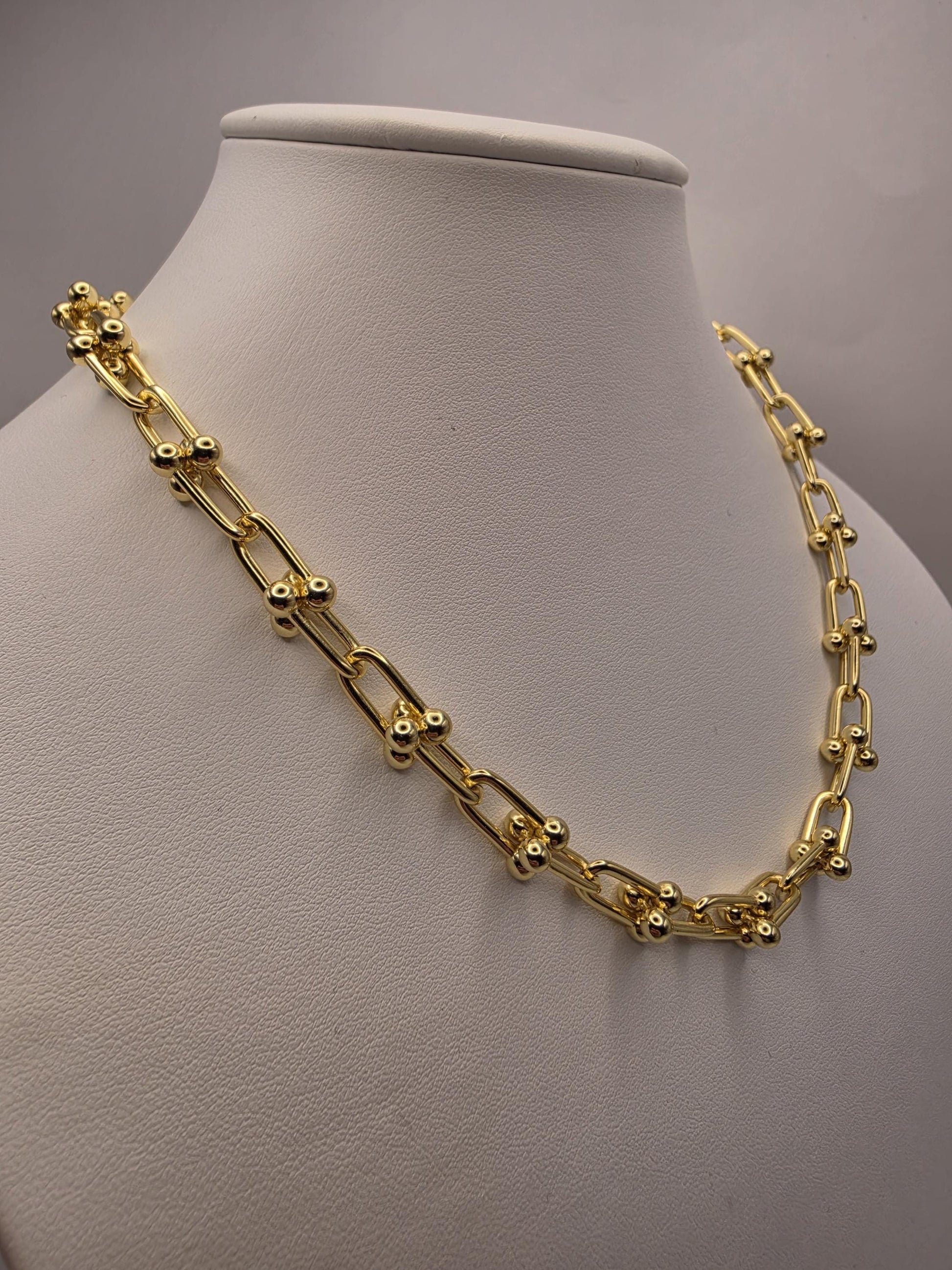 Gold Plated Silver Ball Link Necklace Paperclip Chain 18 Inch 61 Grams Chunky Unisex Hardware Carabiner Statement Jewelry
