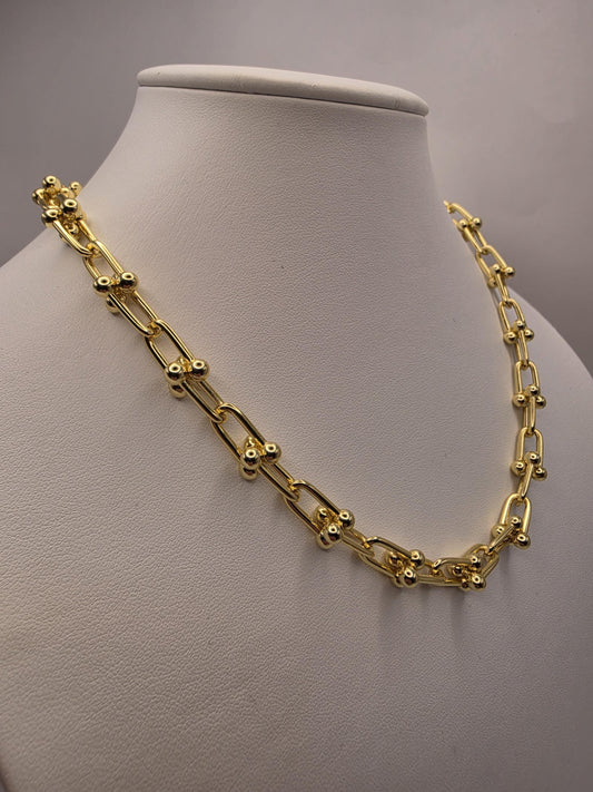 Gold Plated Silver Ball Link Necklace Paperclip Chain 18 Inch 61 Grams Chunky Unisex Hardware Carabiner Statement Jewelry
