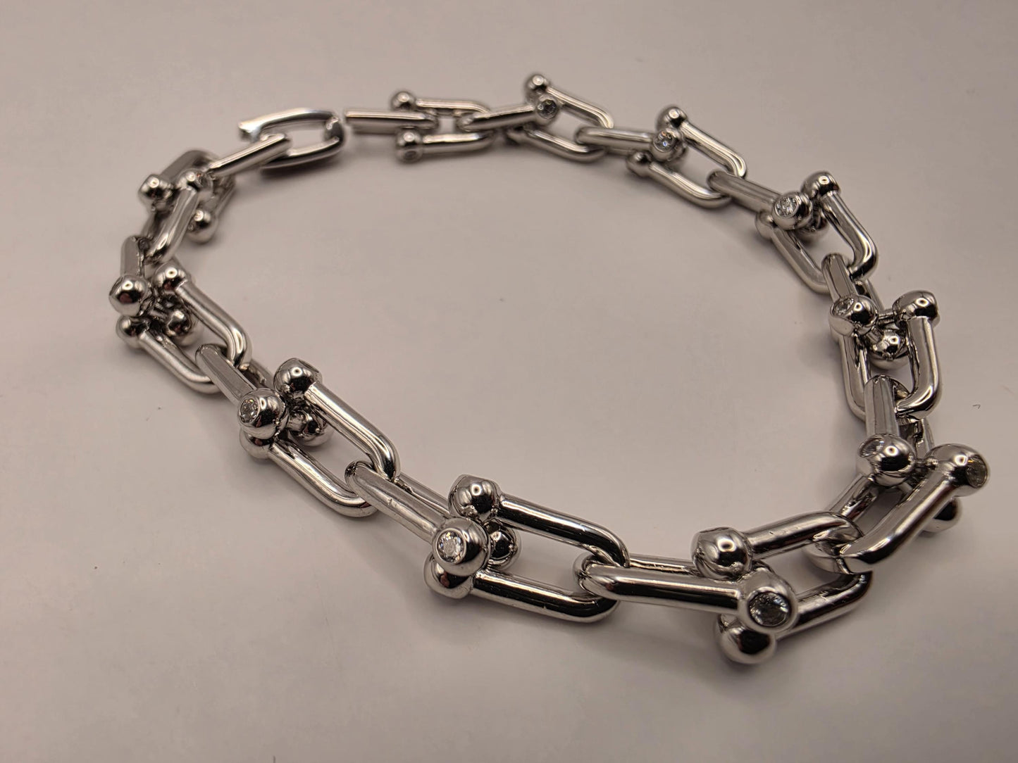 Sterling Silver Ball Link Bracelet CZ Accent Paperclip Chain 8 Inch 23.9 Grams Chunky Hardware Unisex Statement Gift