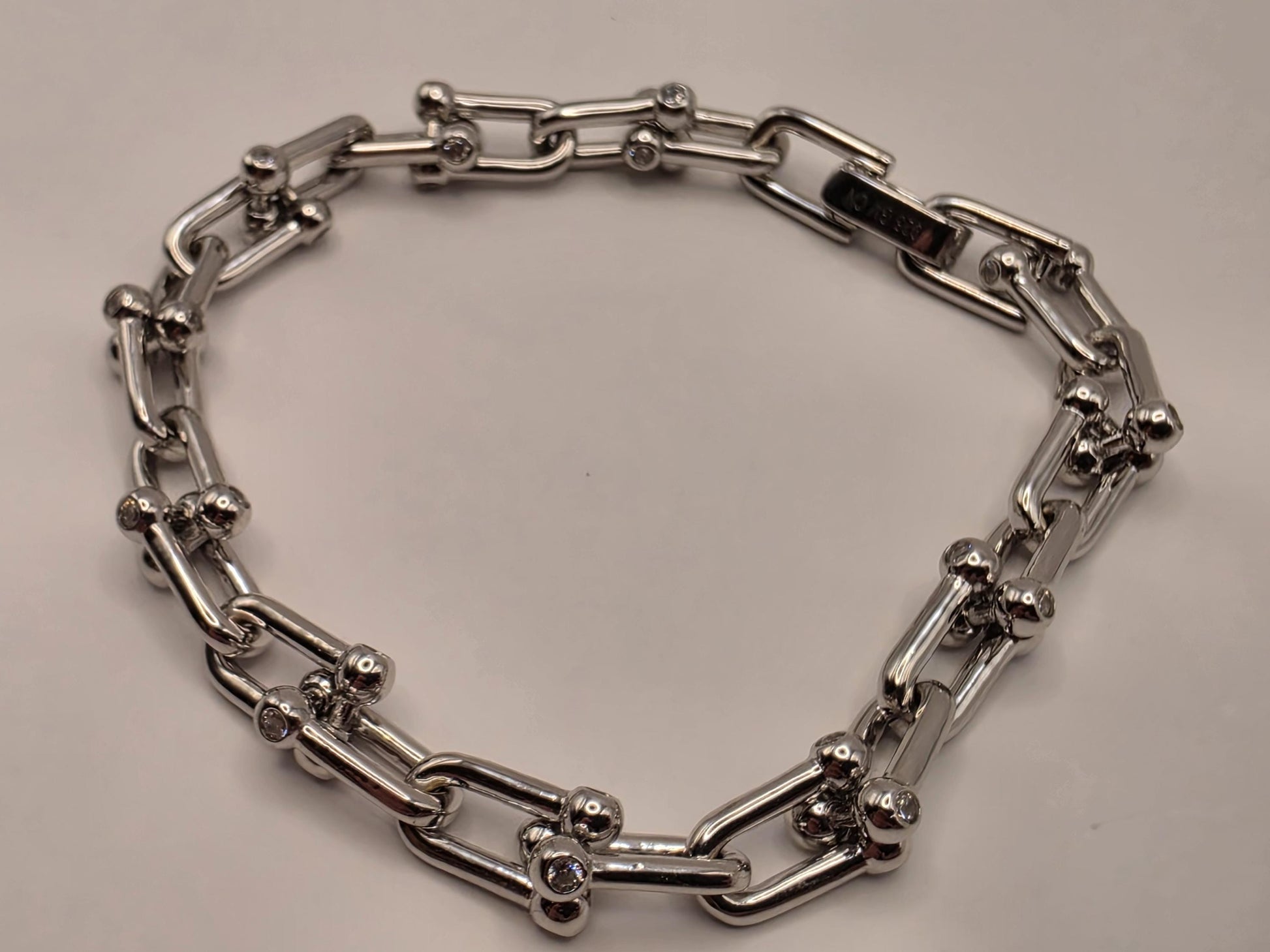 Sterling Silver Ball Link Bracelet CZ Accent Paperclip Chain 8 Inch 23.9 Grams Chunky Hardware Unisex Statement Gift
