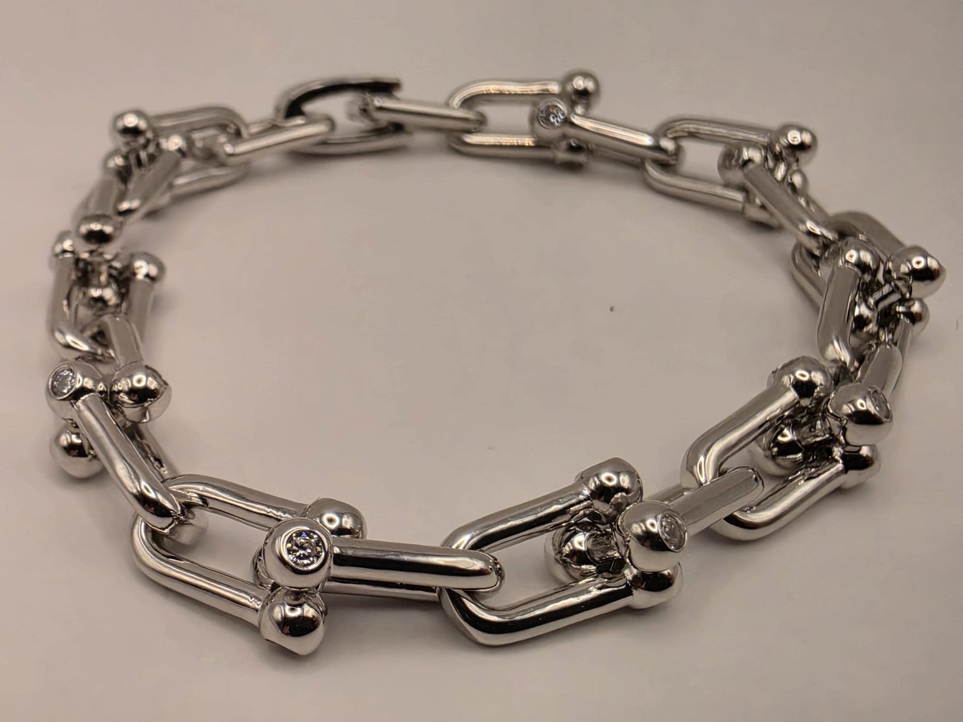 Sterling Silver Ball Link Bracelet CZ Accent Paperclip Chain 7 Inch 21.1 Grams Chunky Hardware Statement Gift for Her