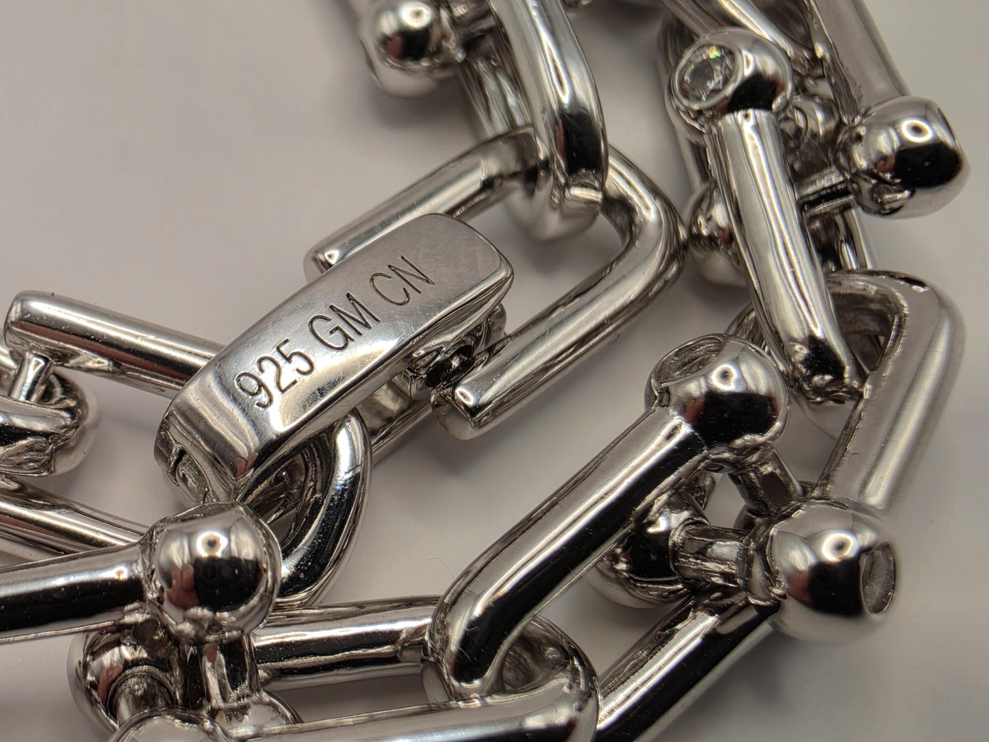 Sterling Silver Ball Link Bracelet CZ Accent Paperclip Chain 7 Inch 21.1 Grams Chunky Hardware Statement Gift for Her