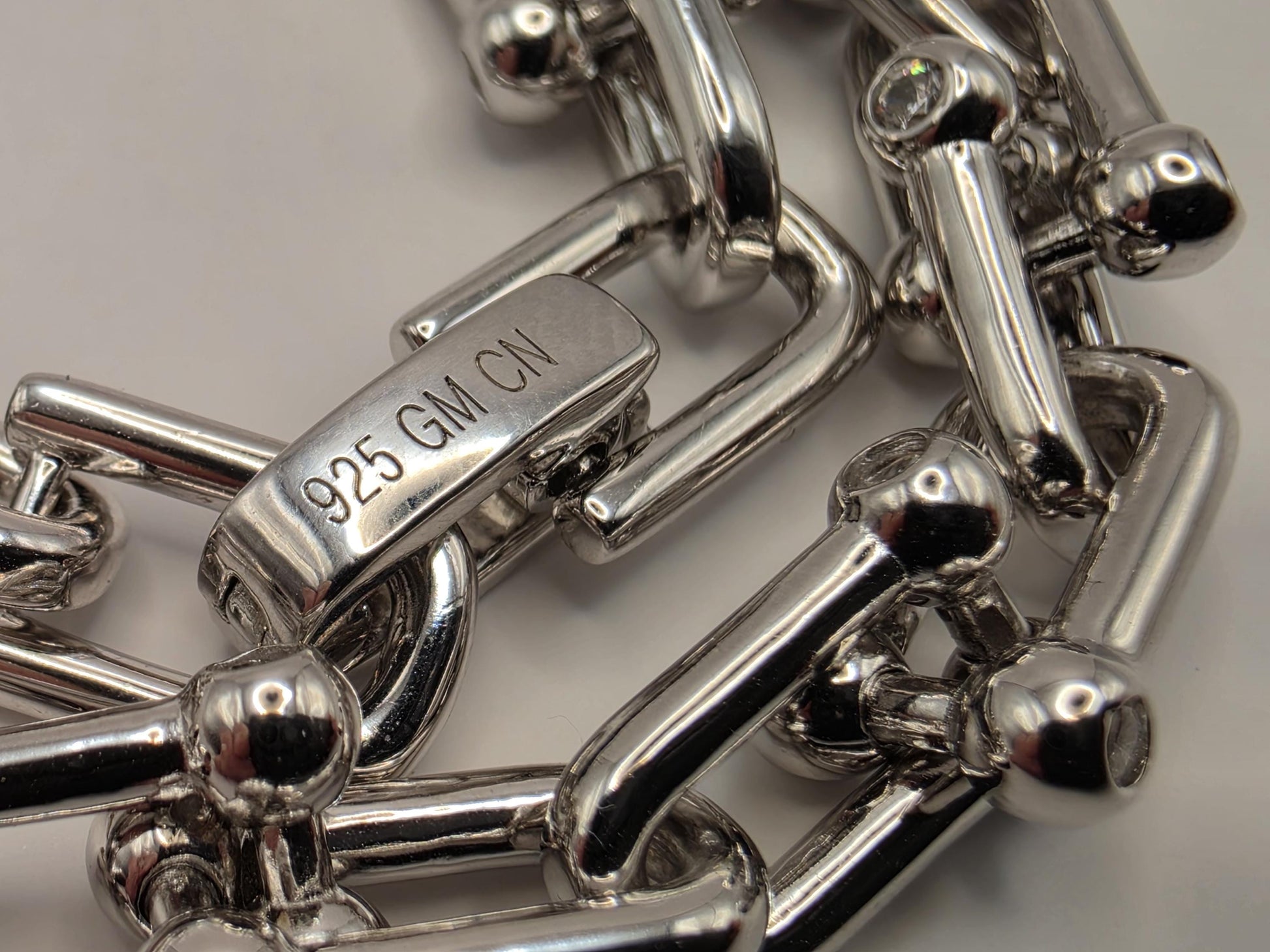 Sterling Silver Ball Link Bracelet CZ Accent Paperclip Chain 7 Inch 21.1 Grams Chunky Hardware Statement Gift for Her