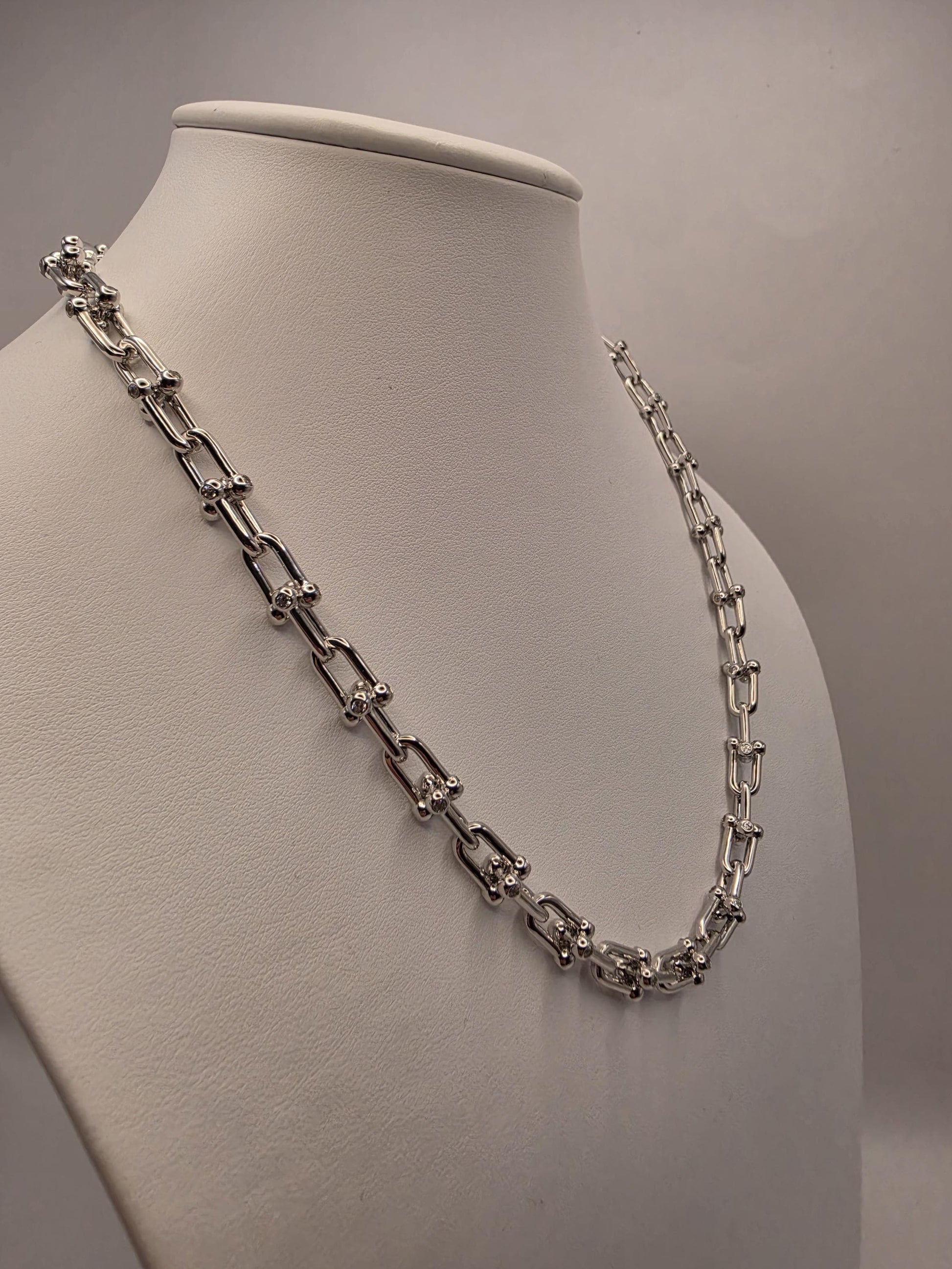 Sterling Silver Ball Link Necklace CZ Accent Paperclip Chain 20 Inch 60 Grams Chunky Hardware Unisex Statement Jewelry