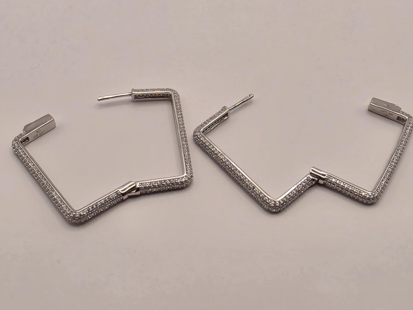 Sterling Silver CZ Rectangle Hoop Earrings 1.375" - view 4