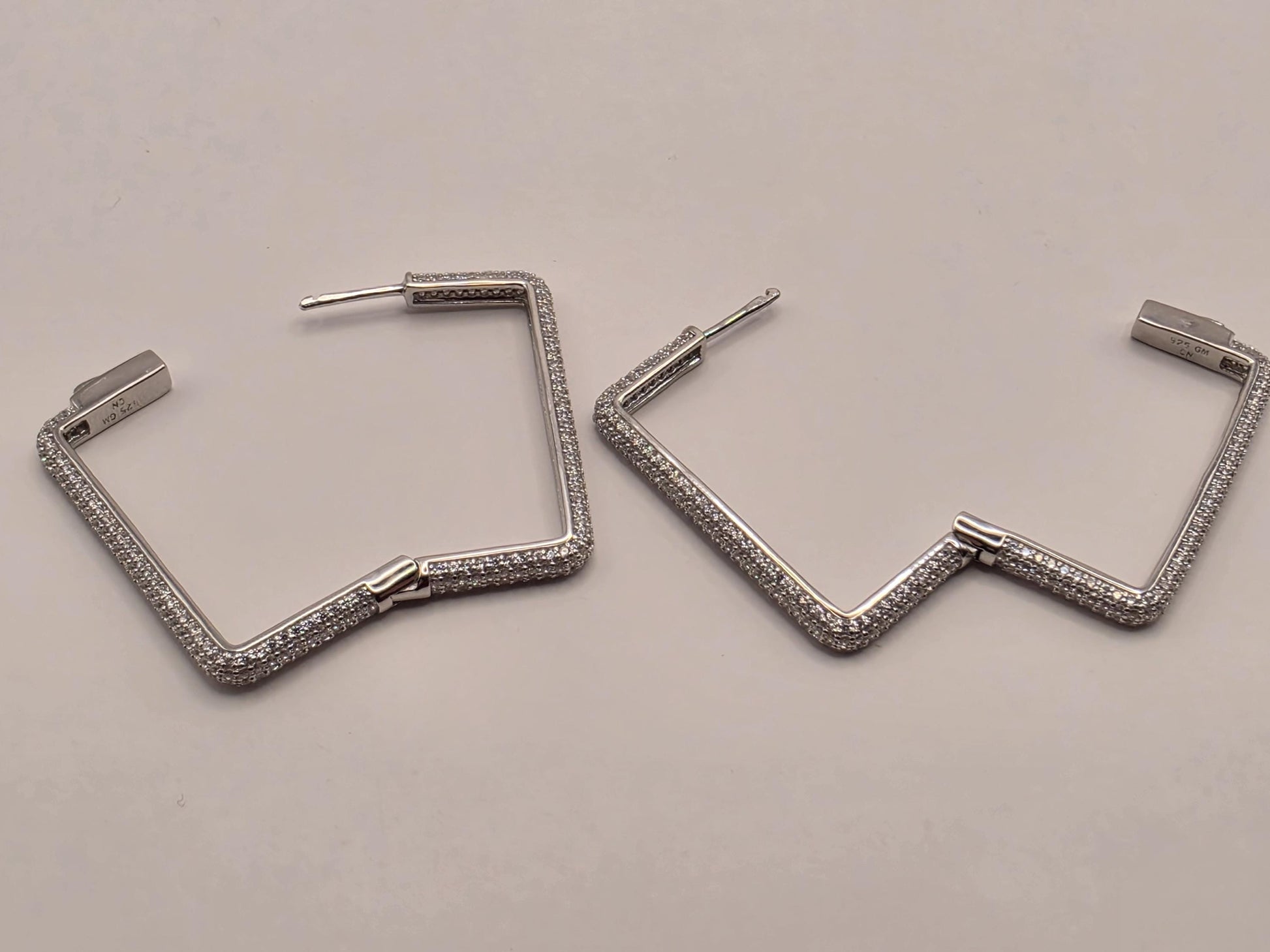 Sterling Silver CZ Rectangle Hoop Earrings 1.375" - view 4
