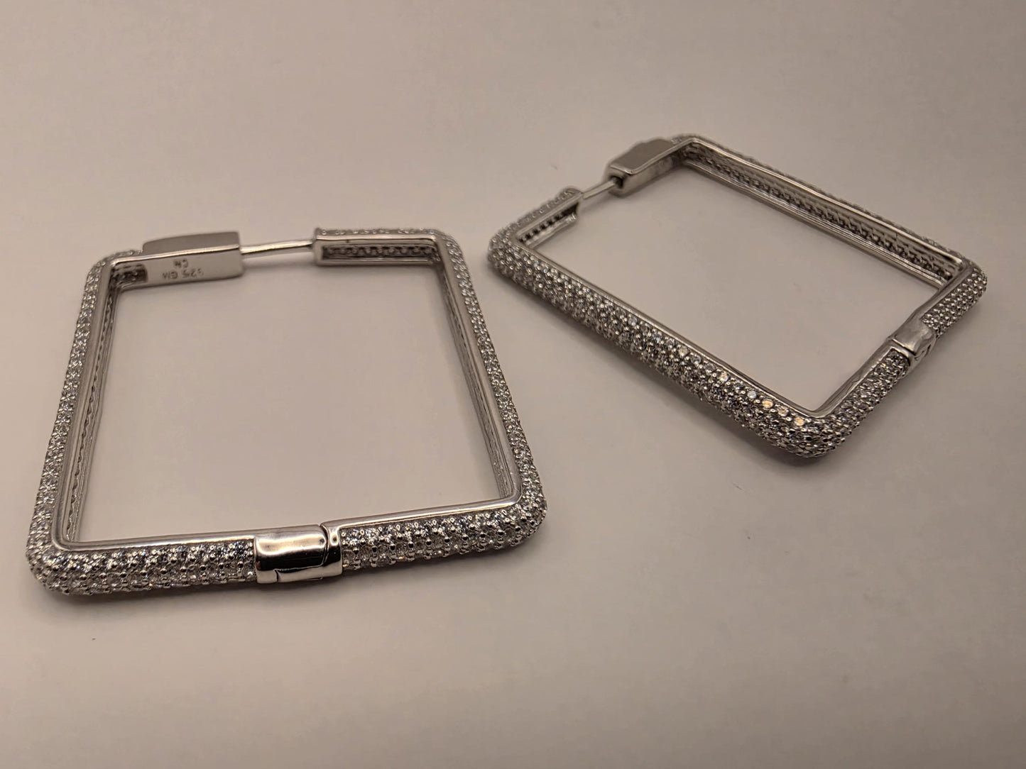 Sterling Silver CZ Rectangle Hoop Earrings 1.375" - view 2