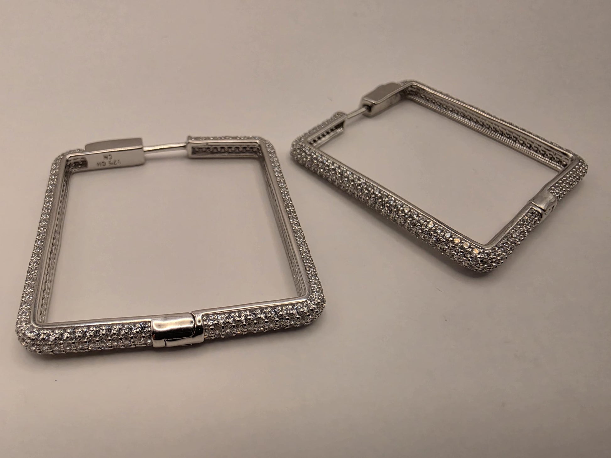 Sterling Silver CZ Rectangle Hoop Earrings 1.375" - view 2