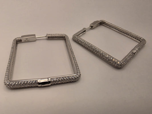 Sterling Silver CZ Rectangle Hoop Earrings 1.375" - view 2