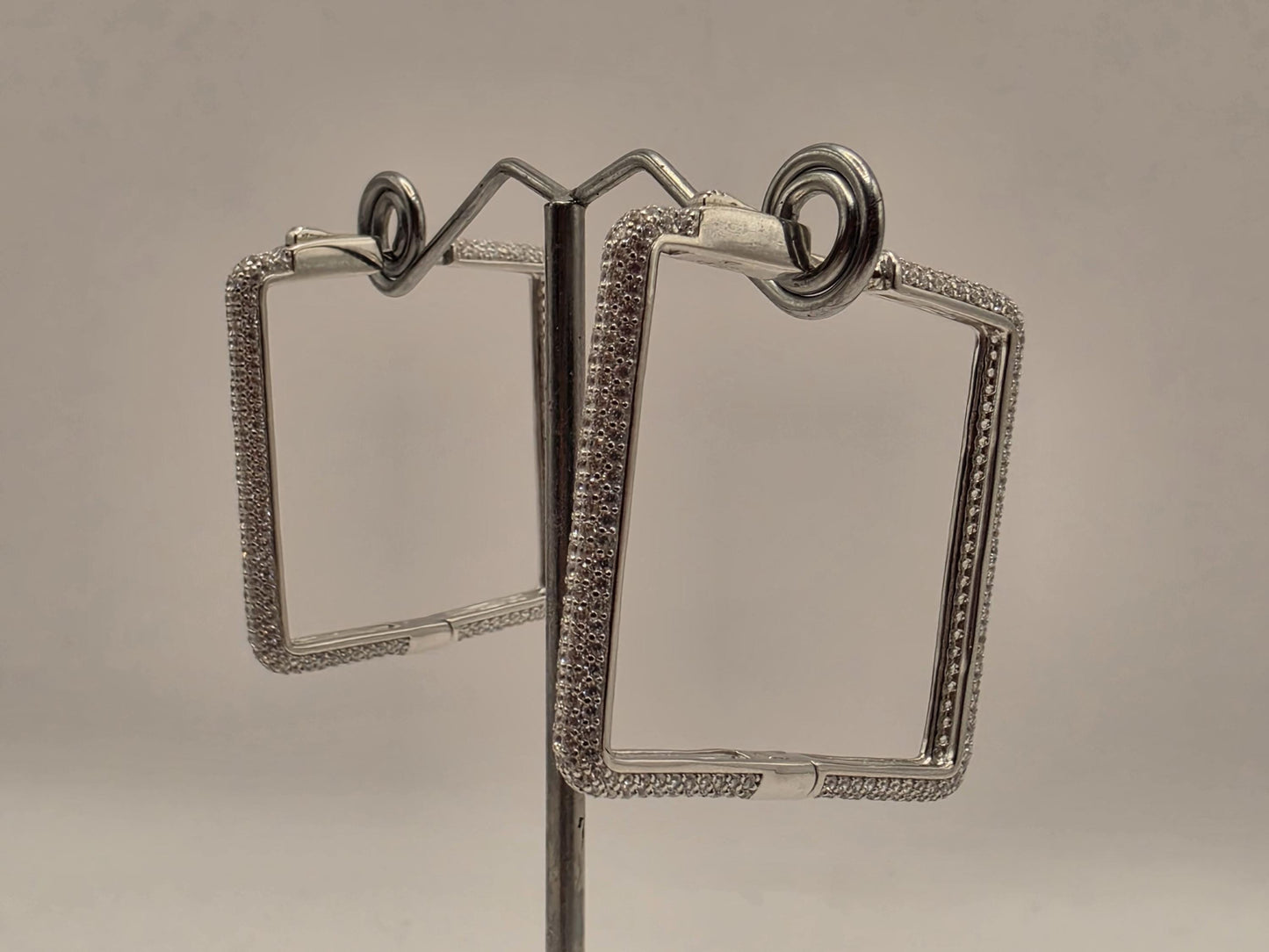 Sterling Silver CZ Rectangle Hoop Earrings 1.375" - view 5