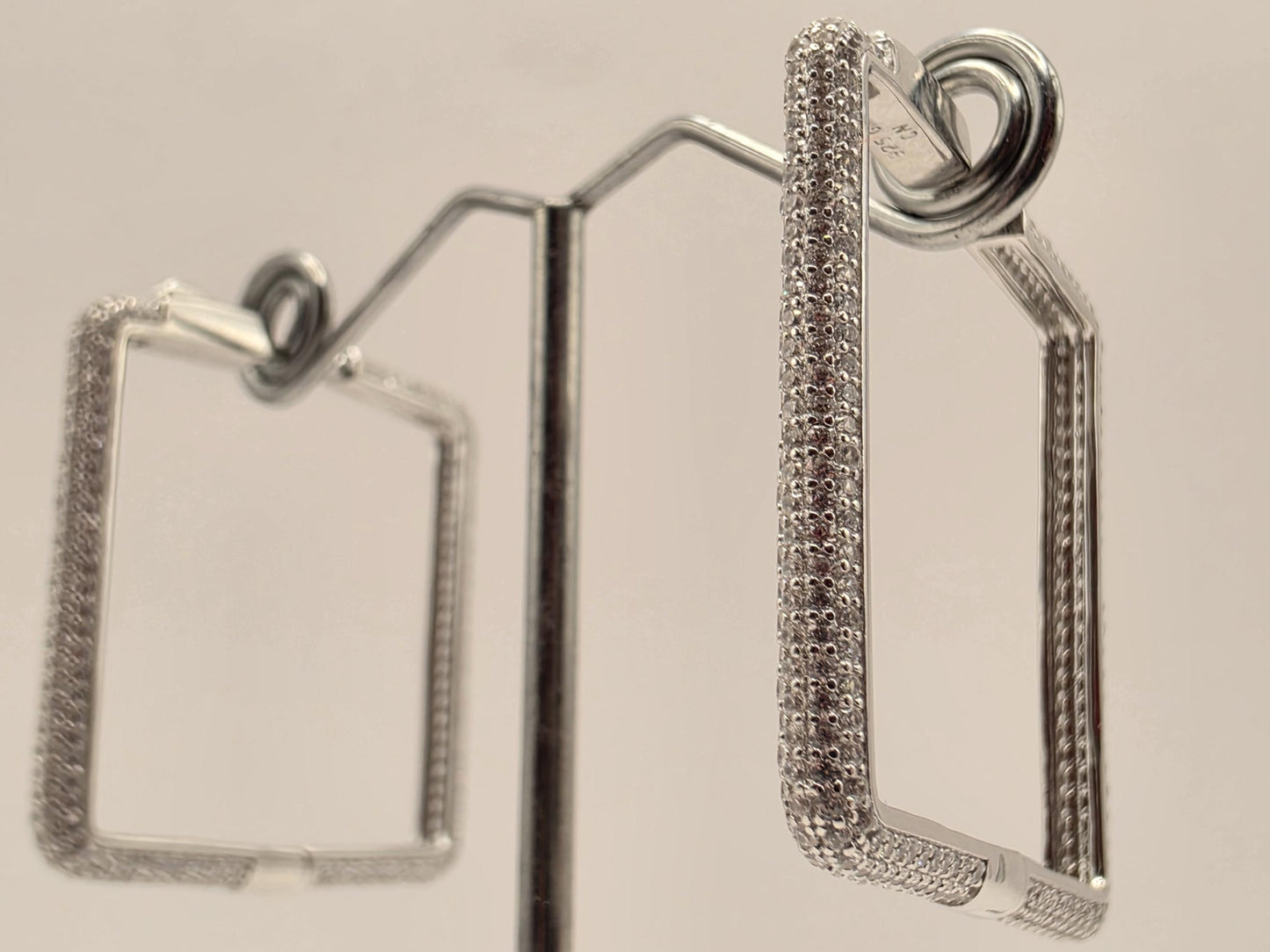 Sterling Silver CZ Rectangle Hoop Earrings 1.375" - view 1