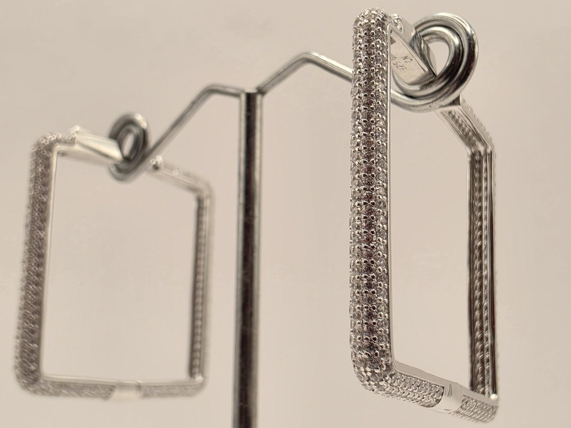 Sterling Silver CZ Rectangle Hoop Earrings 1.375" - view 1