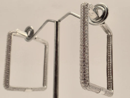 Sterling Silver CZ Rectangle Hoop Earrings 1.375" - view 1