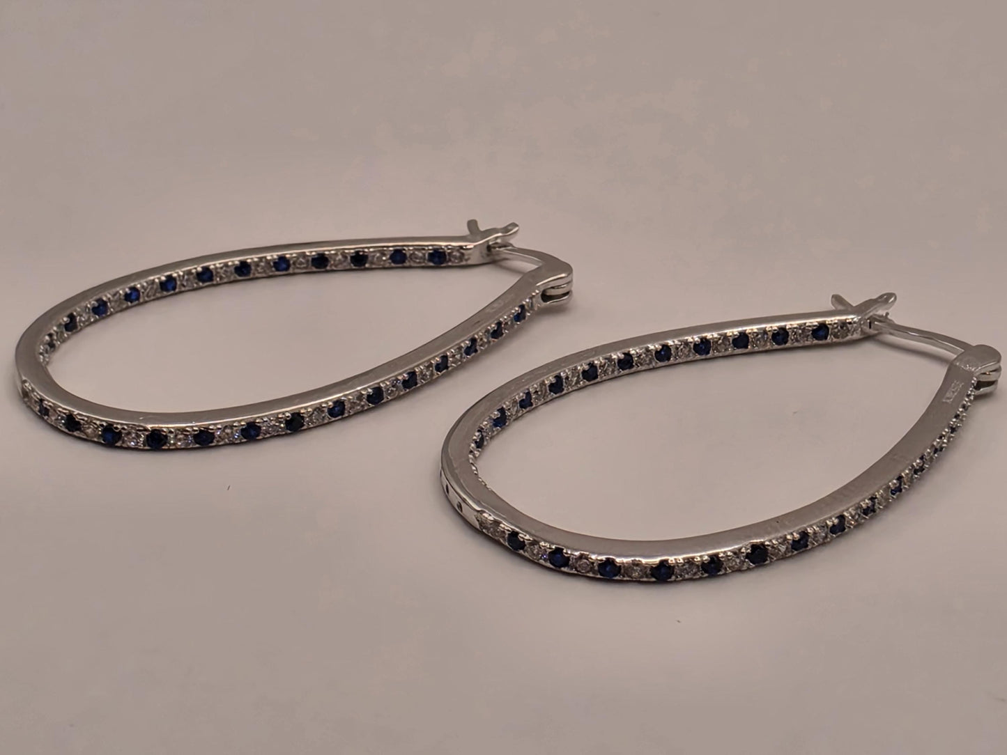 Sterling Silver Blue and White CZ Oval Hoop Earrings 1.5" - view 1