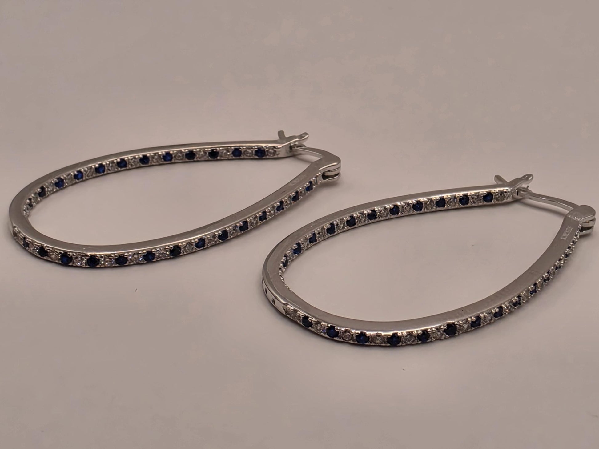 Sterling Silver Blue and White CZ Oval Hoop Earrings 1.5" - view 1