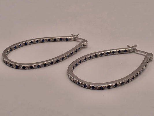 Sterling Silver Blue and White CZ Oval Hoop Earrings 1.5" - view 1