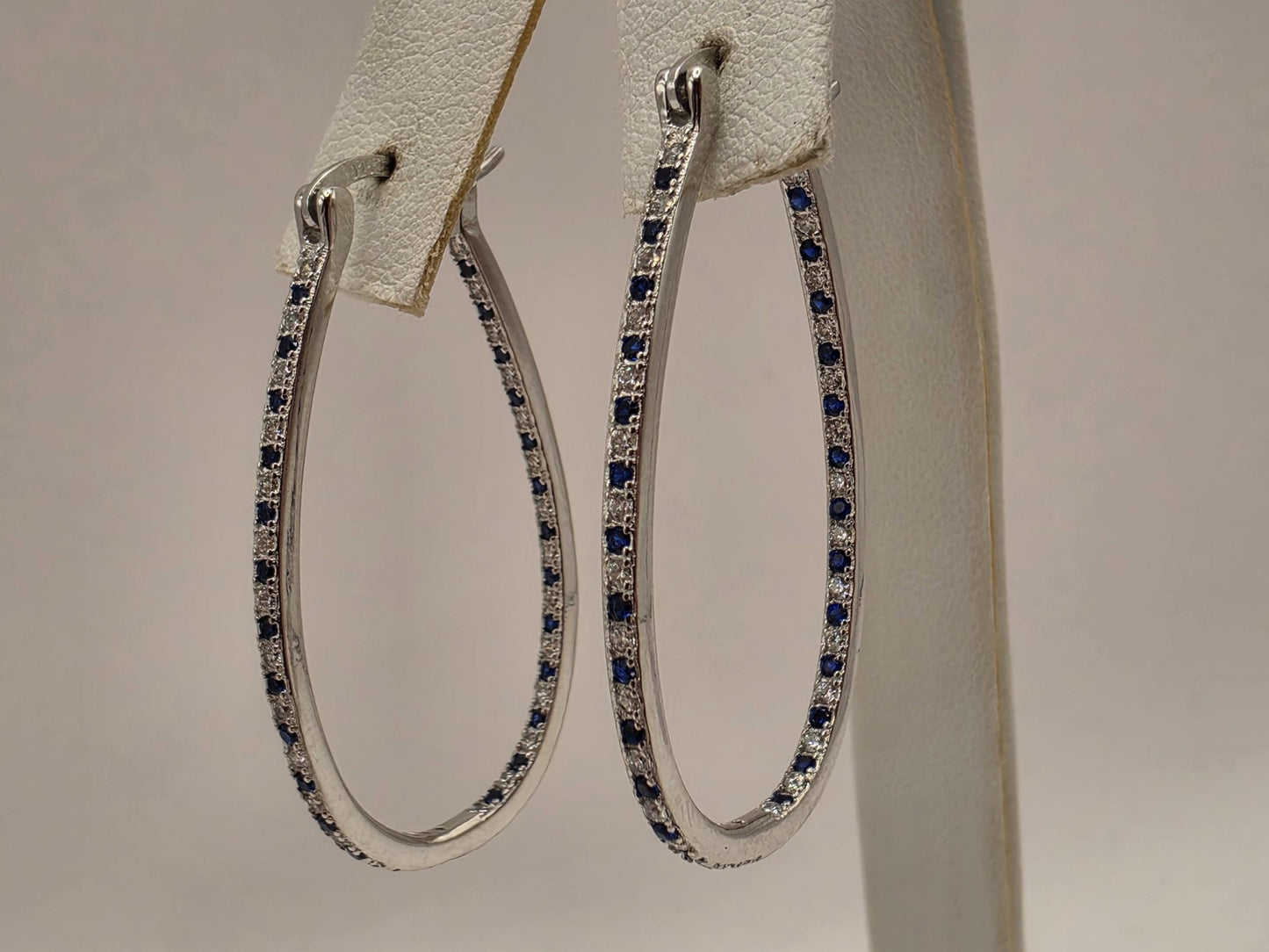 Sterling Silver Blue and White CZ Oval Hoop Earrings 1.5" - view 7