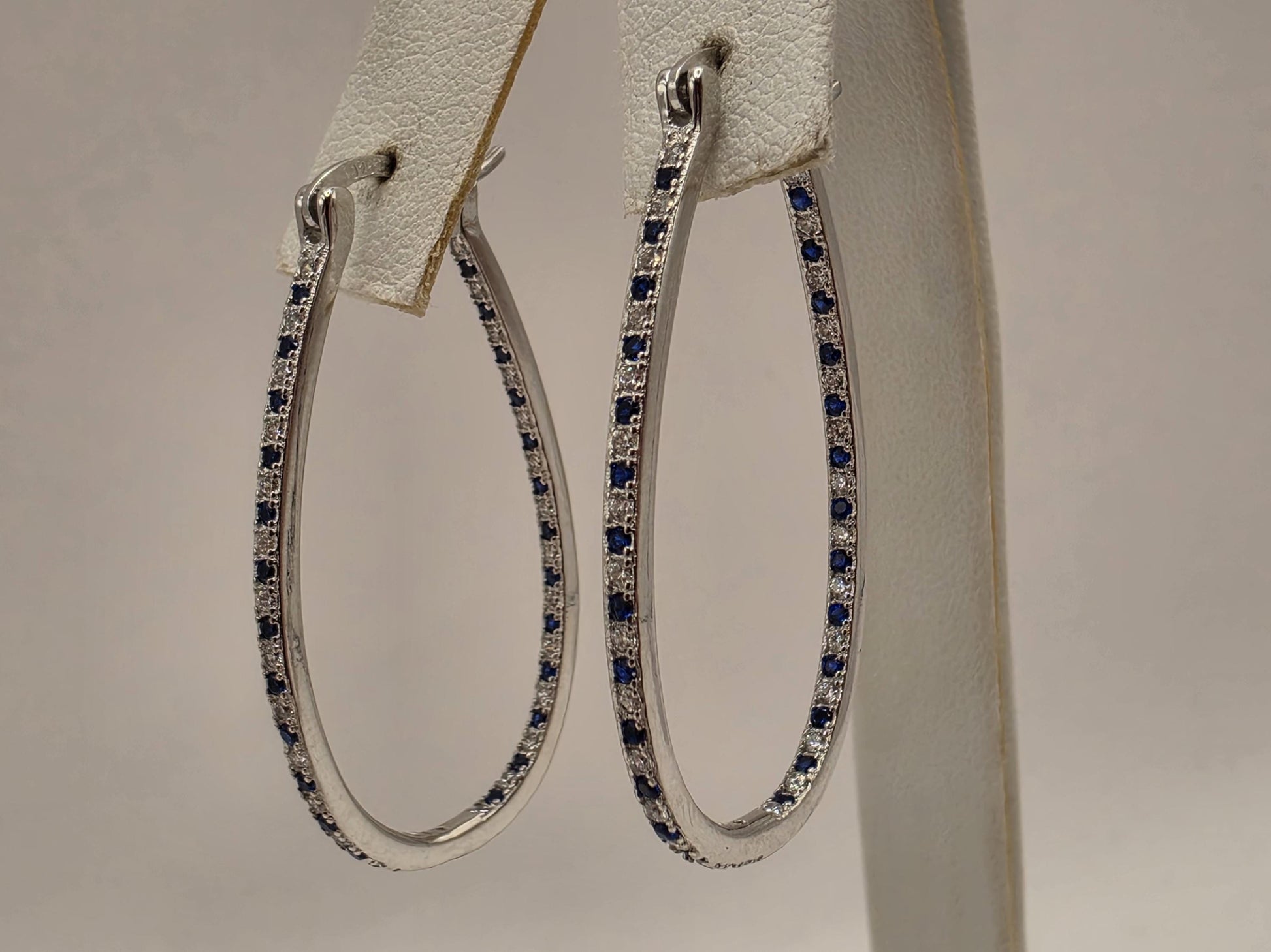 Sterling Silver Blue and White CZ Oval Hoop Earrings 1.5" - view 7
