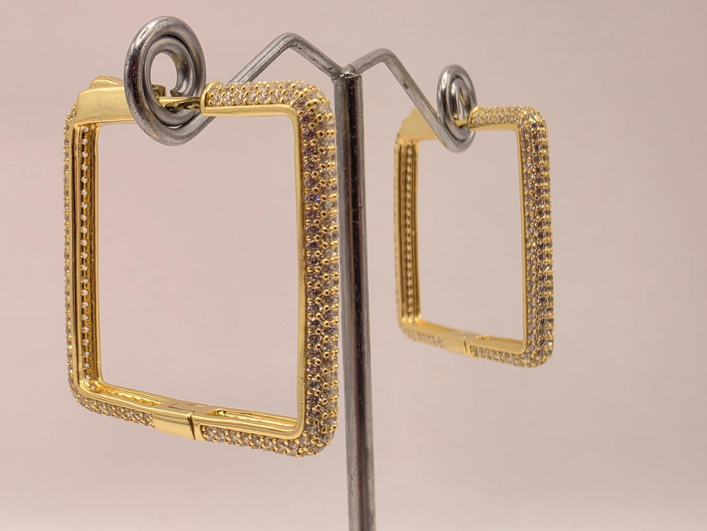 Gold Plated Sterling Silver CZ Square Hoop Earrings 1.125" - view 1