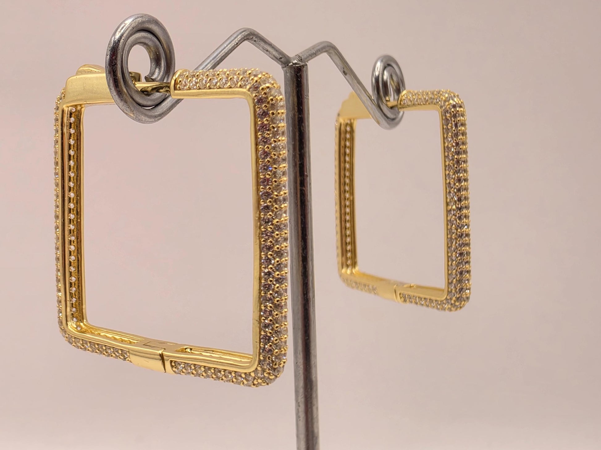 Gold Plated Sterling Silver CZ Square Hoop Earrings 1.125" - view 1