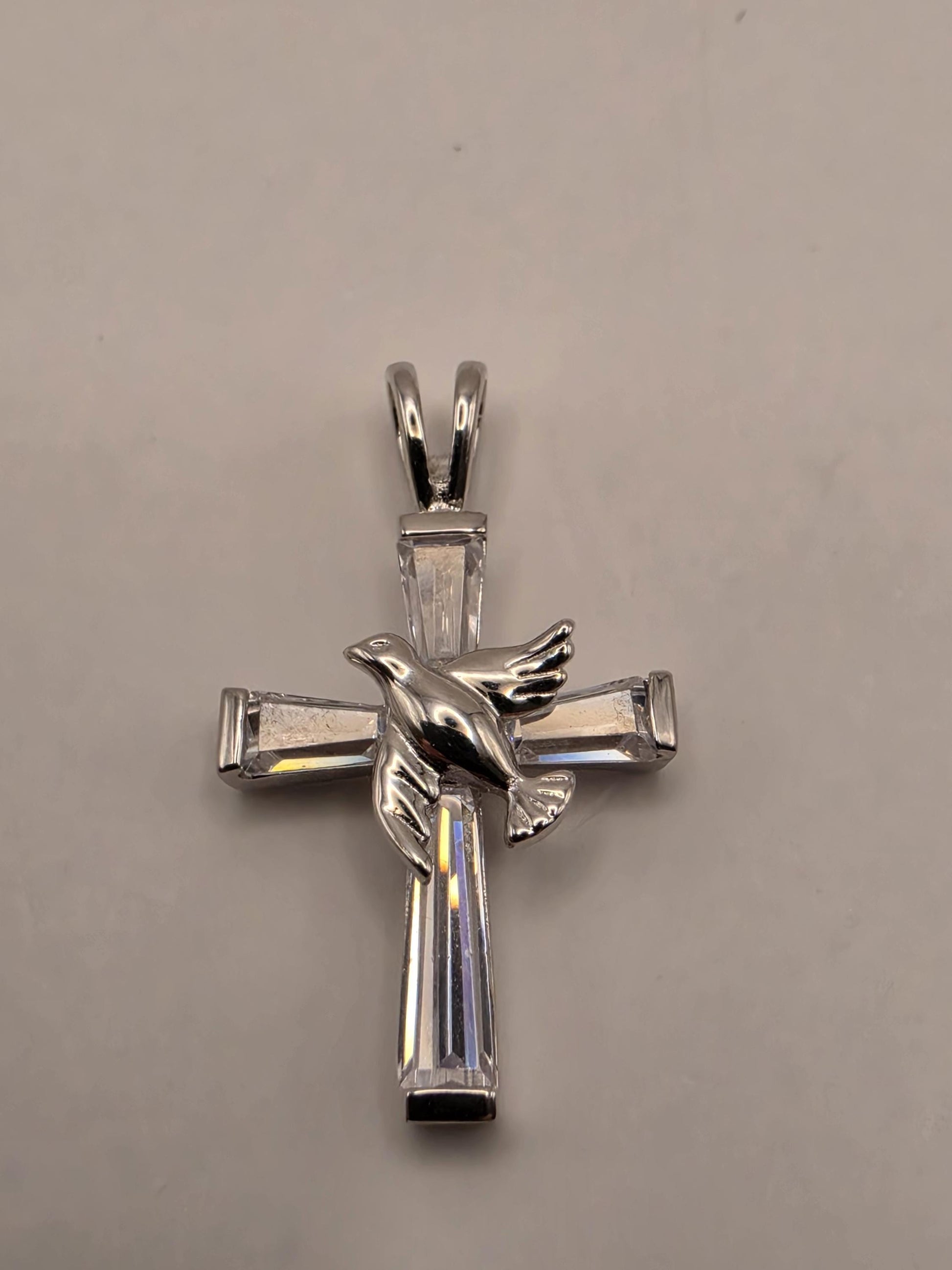Sterling Silver CZ Cross Pendant with Dove 1 Inch - view 1