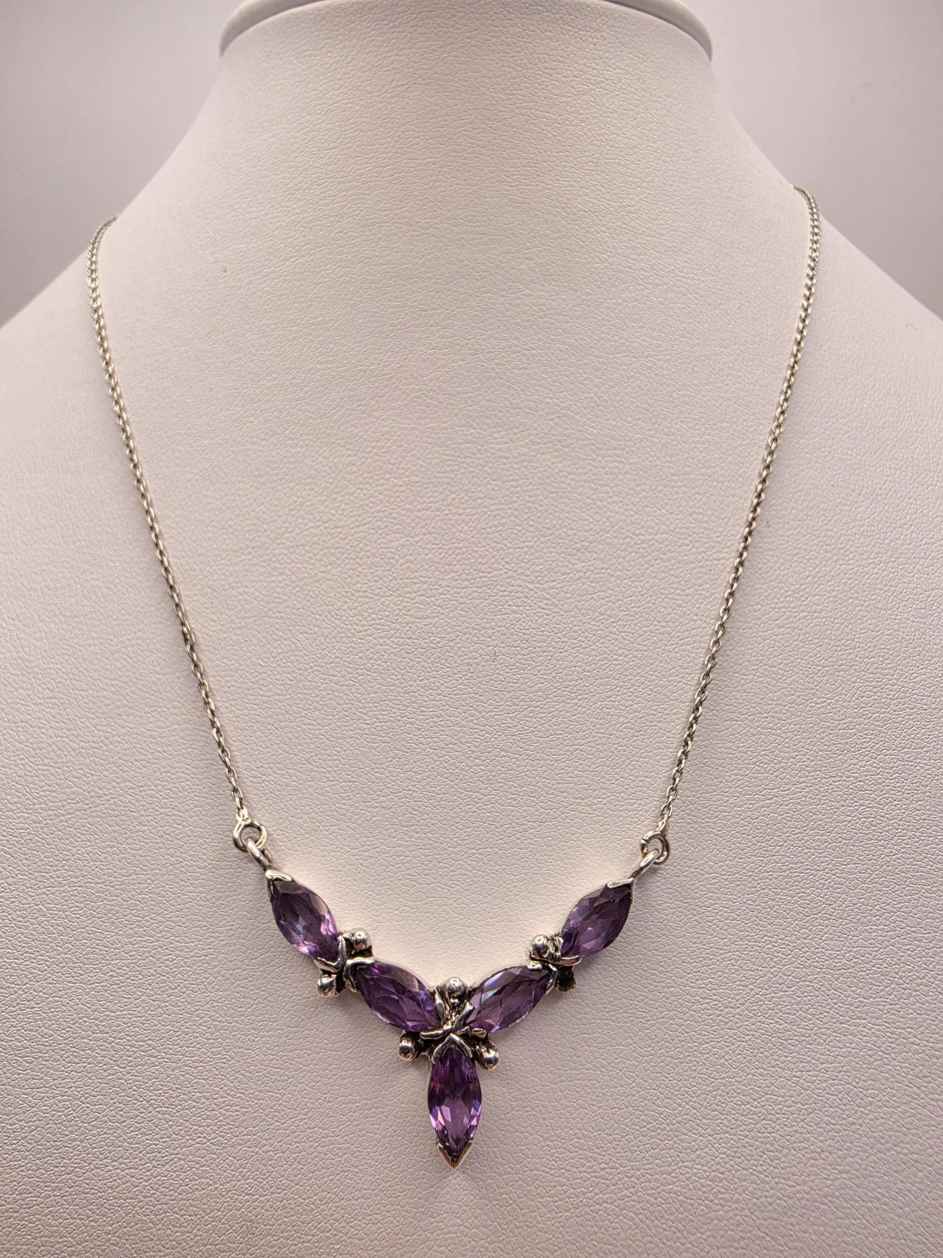 Genuine Amethyst Floral Necklace Sterling Silver 17 Inch Marquise Gemstone Cluster Toggle February Birthstone Gift