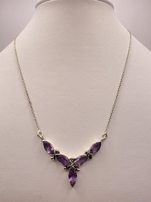 Genuine Amethyst Floral Necklace Sterling Silver 17 Inch Marquise Gemstone Cluster Toggle February Birthstone Gift