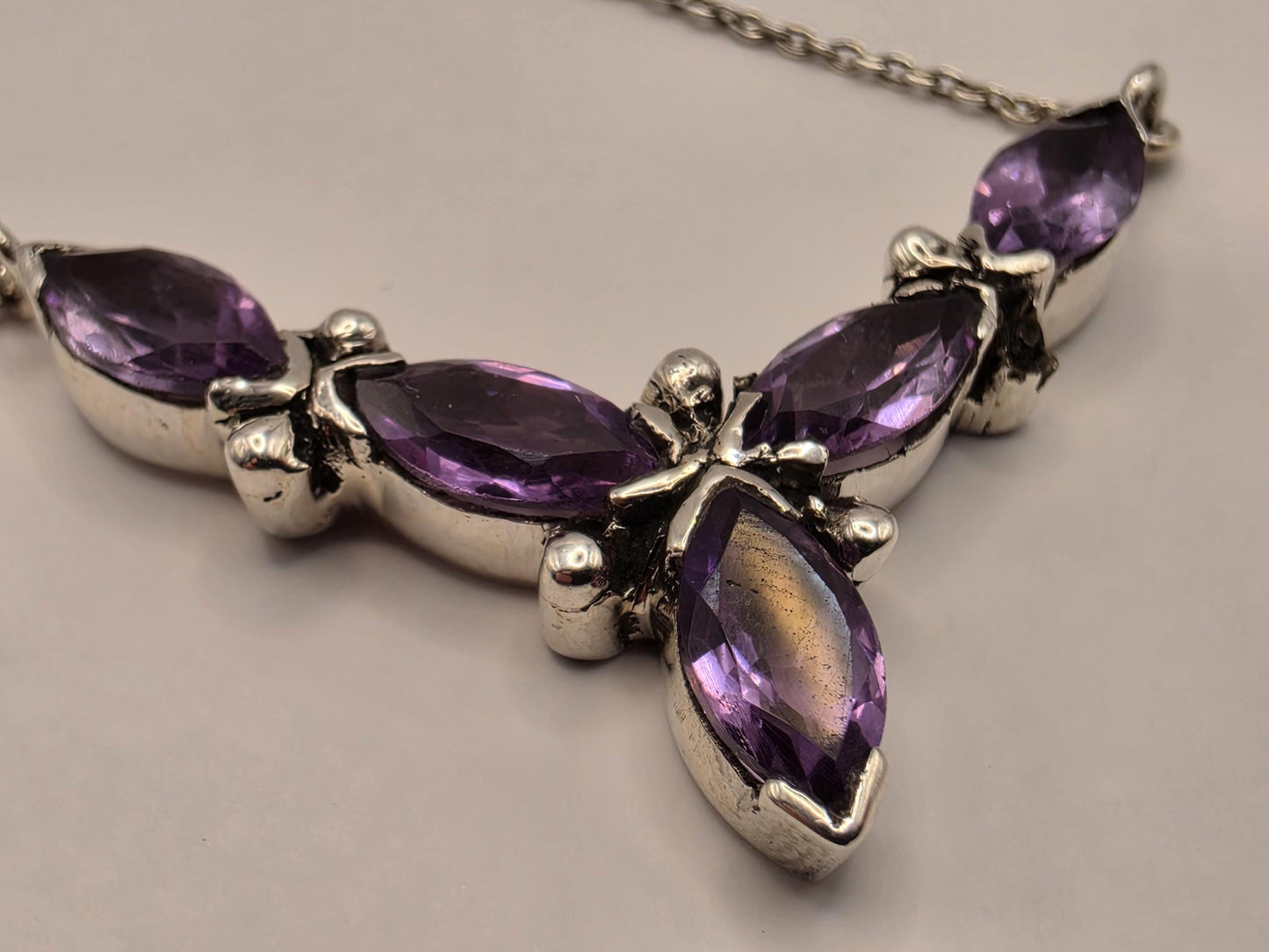Genuine Amethyst Floral Necklace Sterling Silver 17 Inch Marquise Gemstone Cluster Toggle February Birthstone Gift