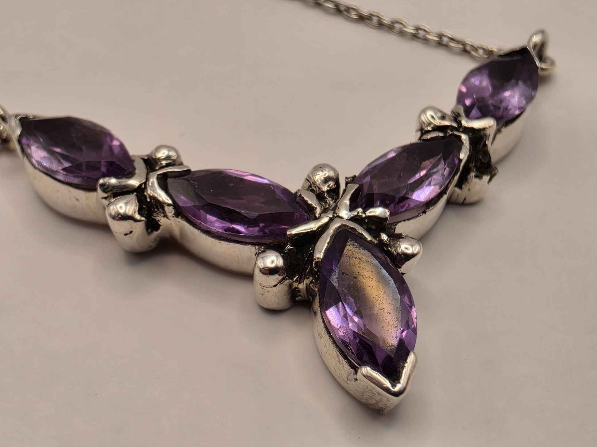 Genuine Amethyst Floral Necklace Sterling Silver 17 Inch Marquise Gemstone Cluster Toggle February Birthstone Gift