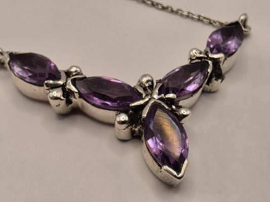 Genuine Amethyst Floral Necklace Sterling Silver 17 Inch Marquise Gemstone Cluster Toggle February Birthstone Gift