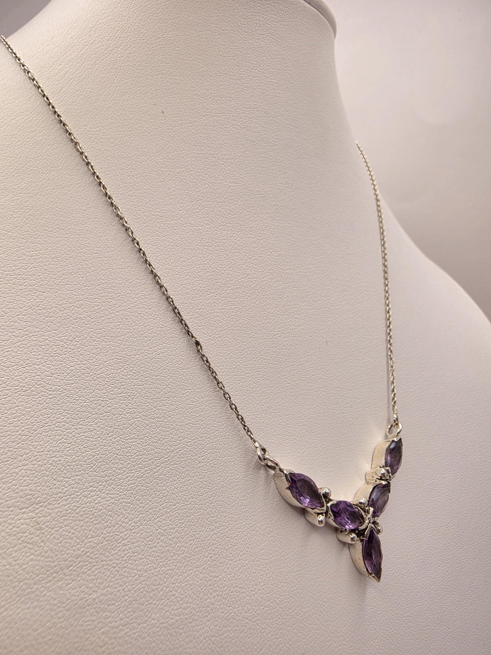 Genuine Amethyst Floral Necklace Sterling Silver 17 Inch Marquise Gemstone Cluster Toggle February Birthstone Gift