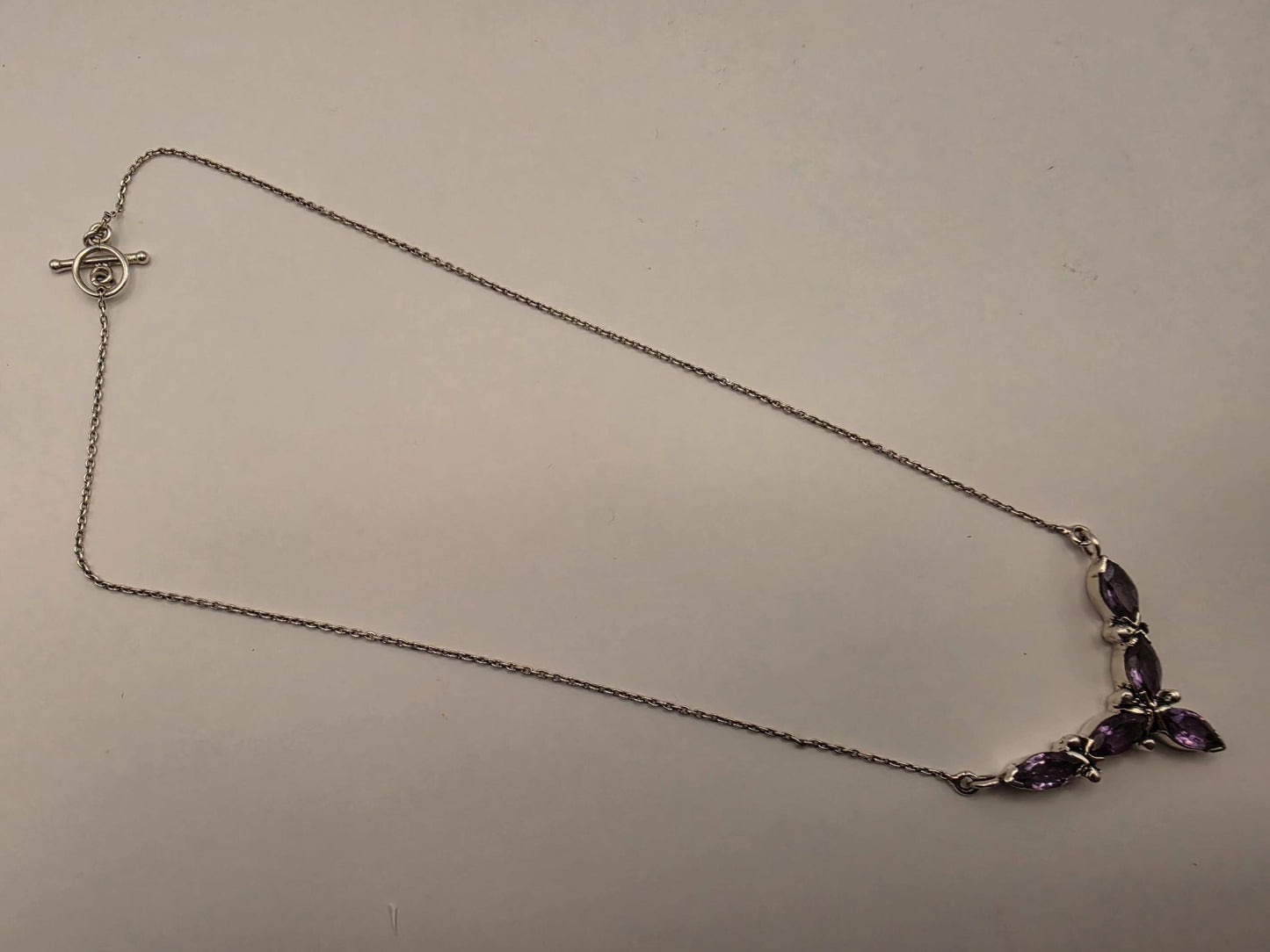 Genuine Amethyst Floral Necklace Sterling Silver 17 Inch Marquise Gemstone Cluster Toggle February Birthstone Gift