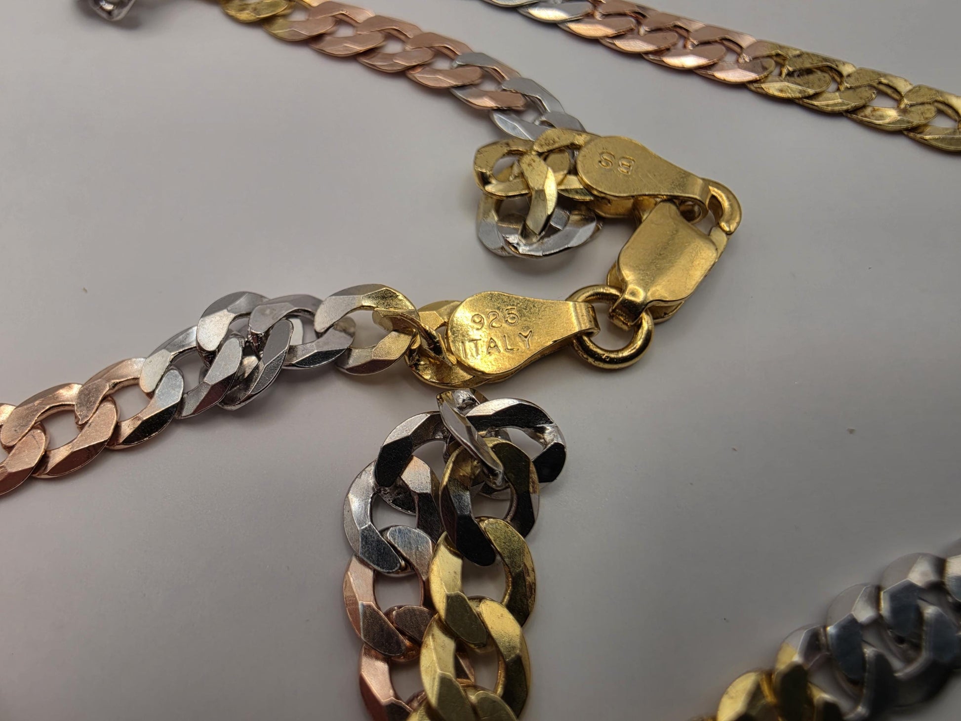 Tri Color Gold Plated Sterling Silver Cuban Link Necklace 18 Inch 4.5mm Yellow Rose White Chain Unisex Gift