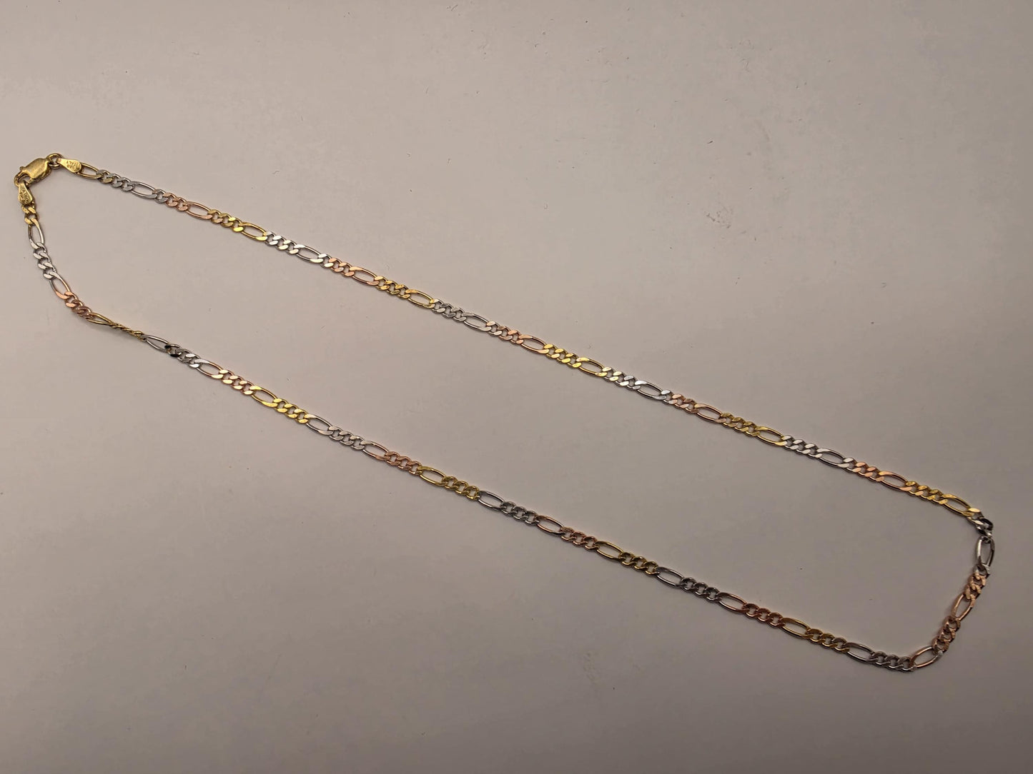 Tri Color Gold Plated Sterling Silver Figaro Chain Necklace 20 Inch 3.5mm Yellow Rose White Unisex Jewelry Gift