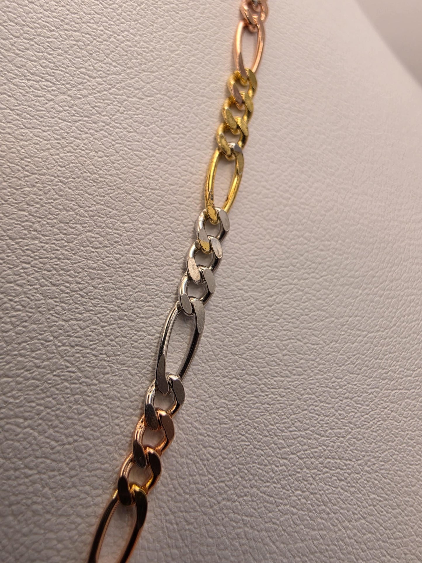 Tri Color Gold Plated Sterling Silver Figaro Chain Necklace 20 Inch 3.5mm Yellow Rose White Unisex Jewelry Gift