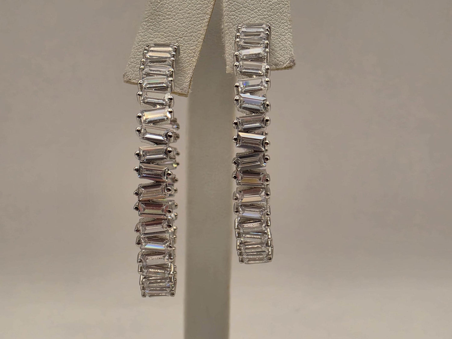 Genuine White Topaz Hoop Earrings Sterling Silver 2 Inch Baguette Tennis Hoops Statement Gift for Her