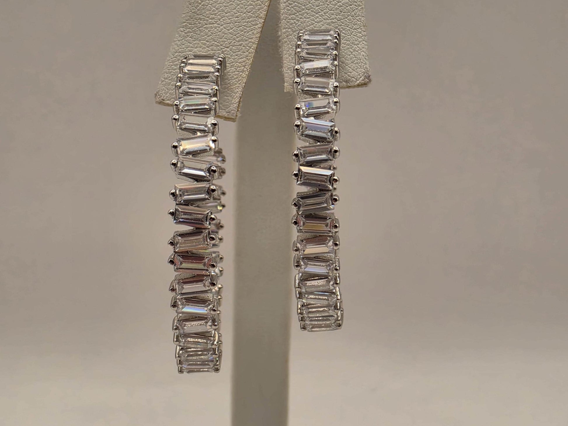 Genuine White Topaz Hoop Earrings Sterling Silver 2 Inch Baguette Tennis Hoops Statement Gift for Her