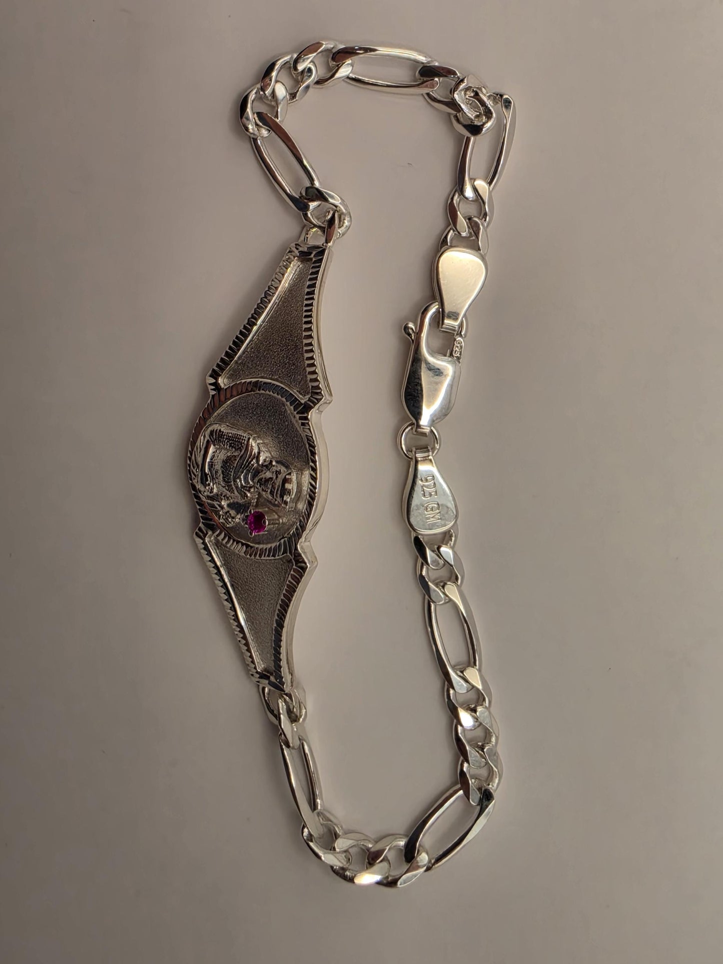 Solid 925 Sterling Silver Saint Christopher Bracelet 8 Inch Ruby Accent Religious Travel Medal Figaro Chain Catholic Gift