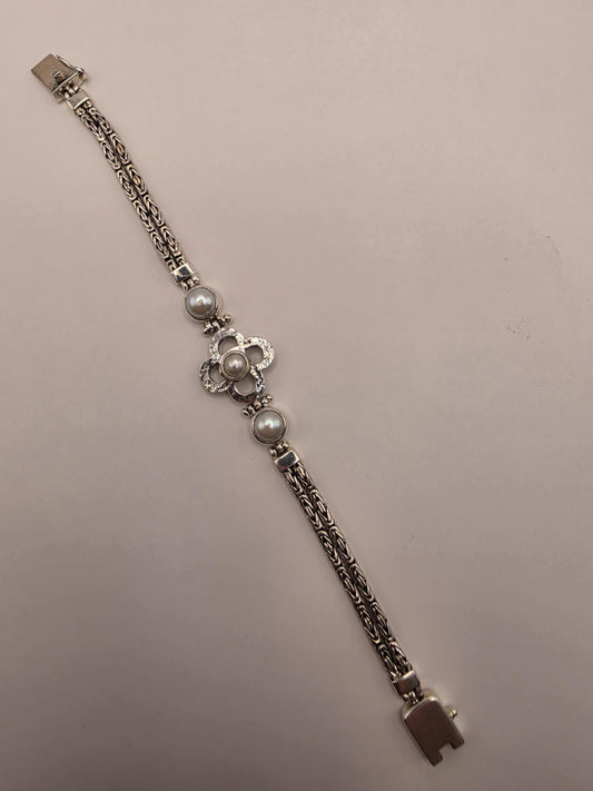 Genuine Gray Freshwater Pearl Flower Bracelet Solid 925 Sterling Silver White Topaz 7 Inch Floral Statement Birthstone Gift