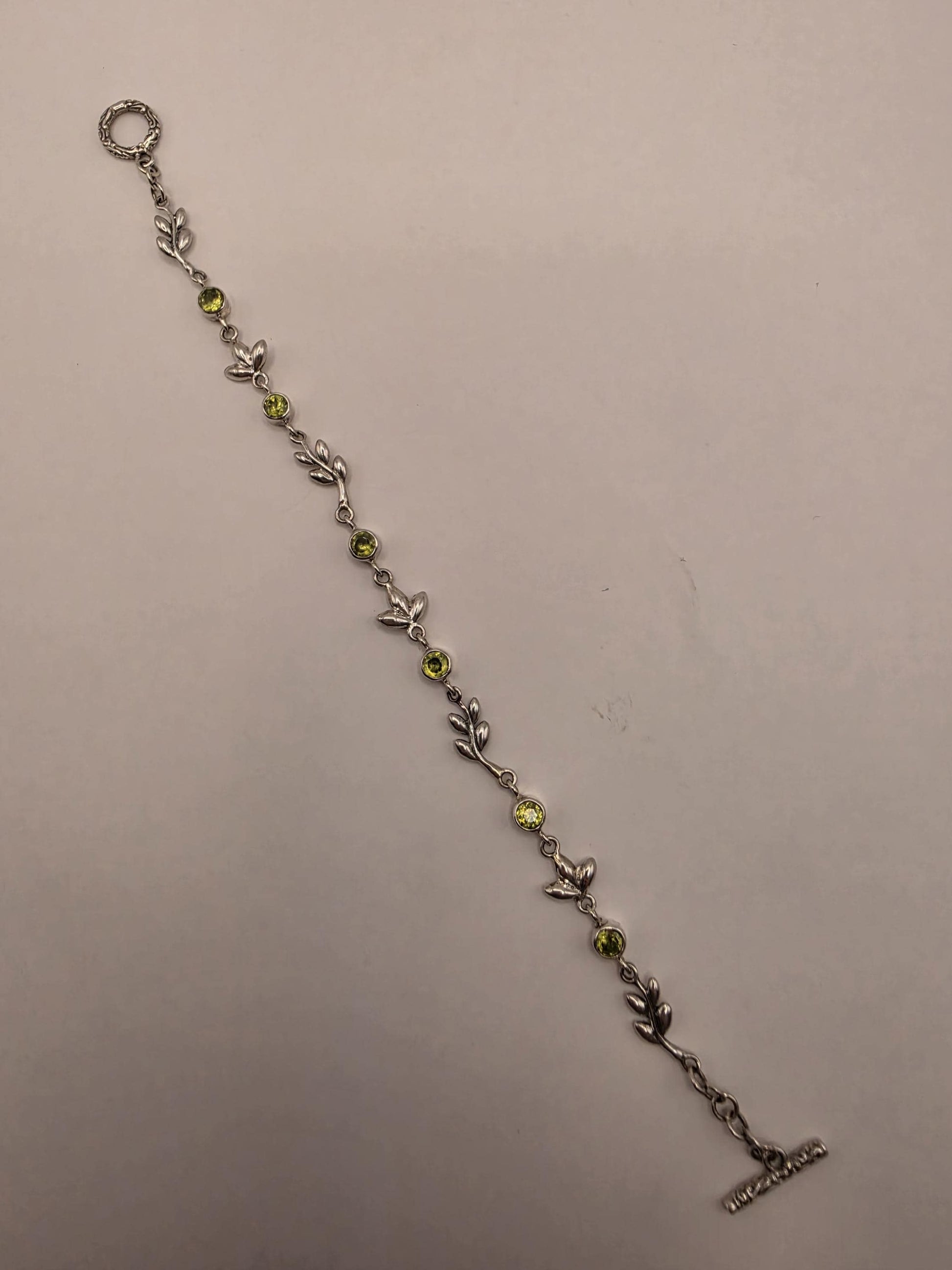 Genuine Peridot Leaf Bracelet Solid 925 Sterling Silver 7 Inch Botanical Vine August Birthstone Jewelry Gift for Her