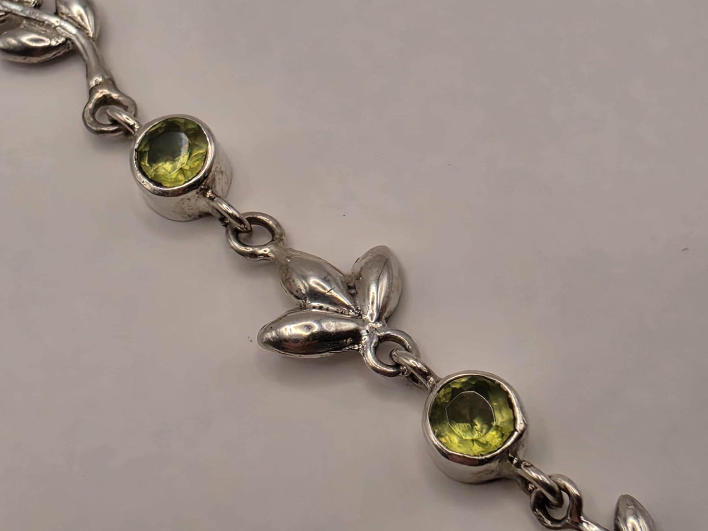 Genuine Peridot Leaf Bracelet Solid 925 Sterling Silver 7 Inch Botanical Vine August Birthstone Jewelry Gift for Her